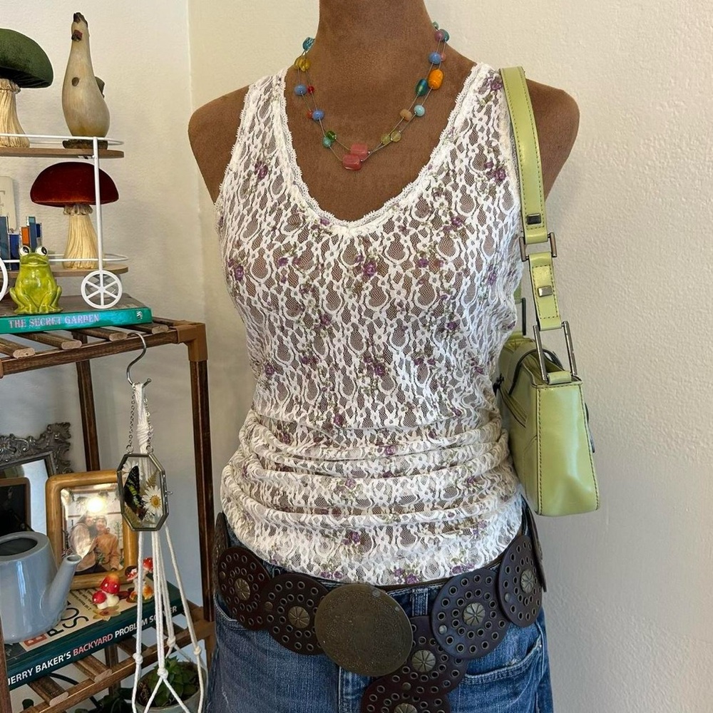 Y2K Dainty Coquette Cream Lace V-Neck Tank Top w  Purple Florals by Maurices